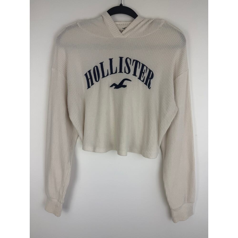 Hollister Womens Cropped Hoodie Ribbed Logo Long Sleeve Y2K Cream Sweater XS